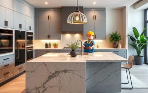 Modern kitchen island with cartoon construction character nearby (AI generated)